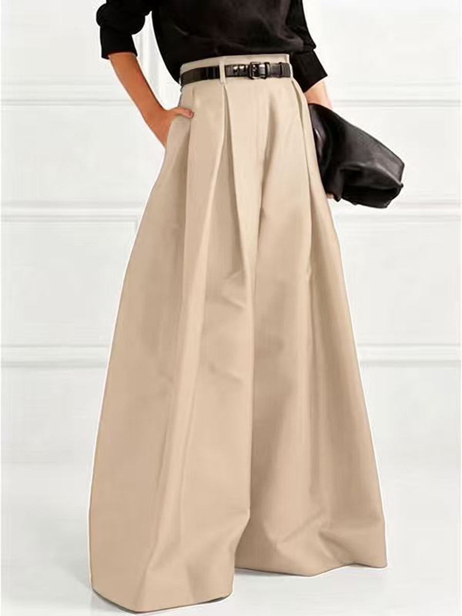 Pantalon élégant ample taille haute, à jambes larges, couleur unie