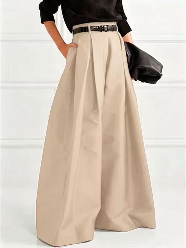 Pantalon élégant ample taille haute, à jambes larges, couleur unie