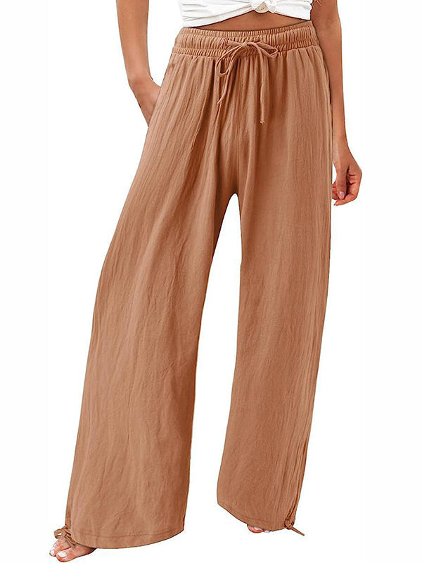 Pantalon ample à jambes larges, à cordon de serrage, à taille élastique, couleur unie