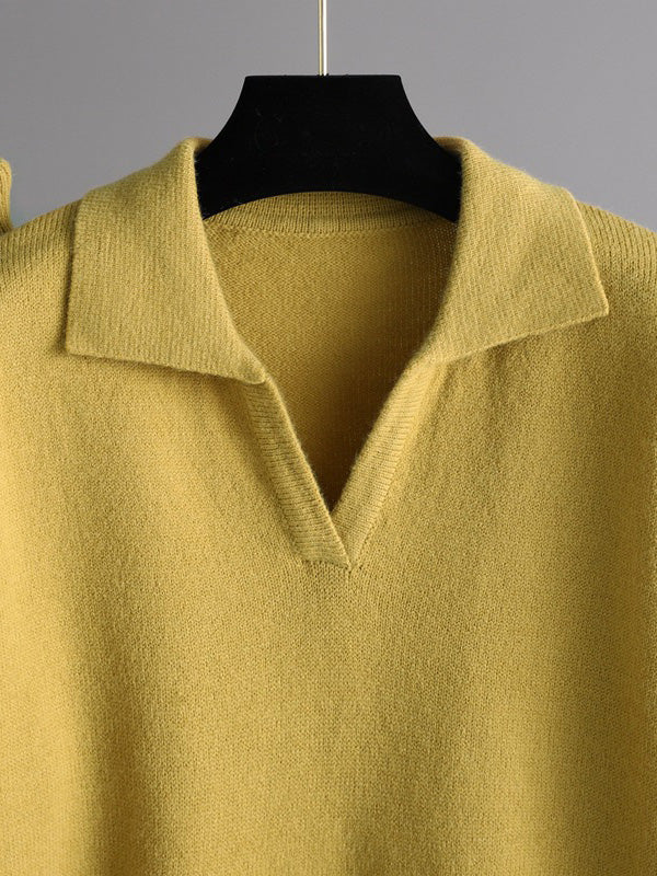 Ensemble deux pièces urbain à manches longues, col polo, à jambes larges, couleur unie – pull + pantalon