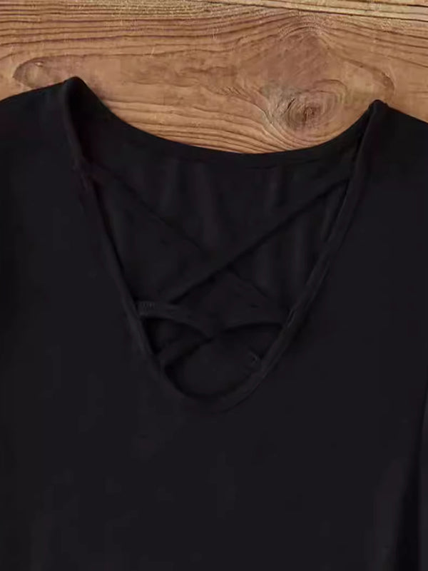 T-shirt ajouré à manches longues, coupe près du corps, à col en V, couleur unie