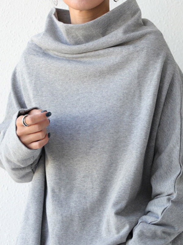 T-shirt urbain noir gris à col haut, à manches longues, oversize