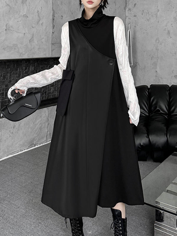 Robe mi-longue ample asymétrique boutonnée à coupe irrégulière, à empiècements, à col haut, couleur unie