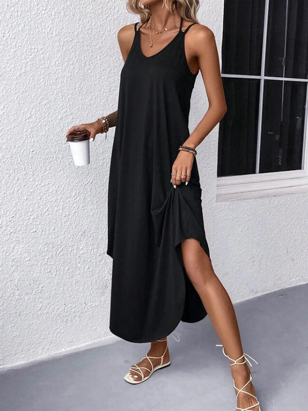 Robe longue ample grande taille, à fines bretelles, couleur unie