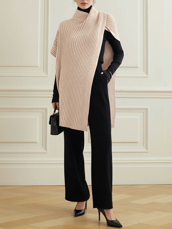 Pull ample asymétrique à empiècements, à col haut, couleur unie