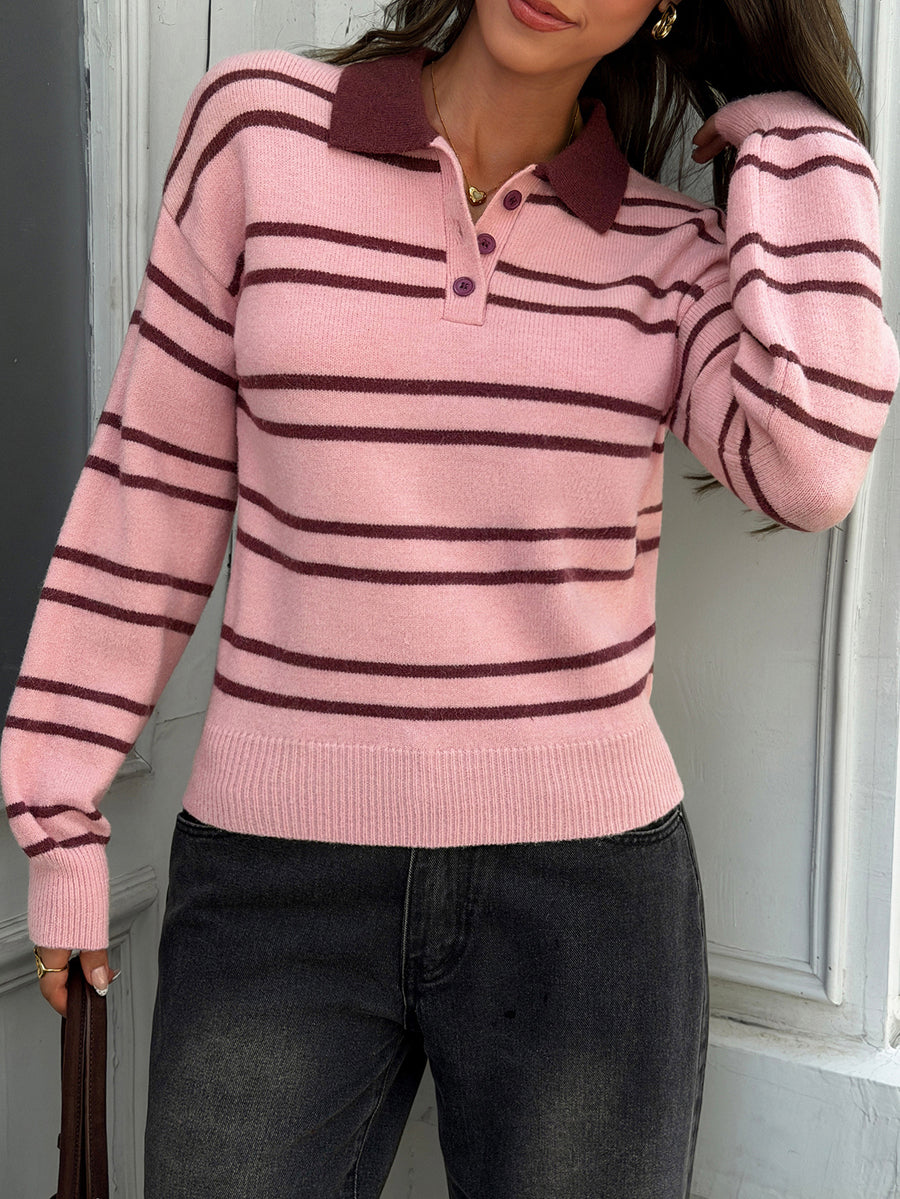 Pull rayé boutonné ample à manches longues, à col revers