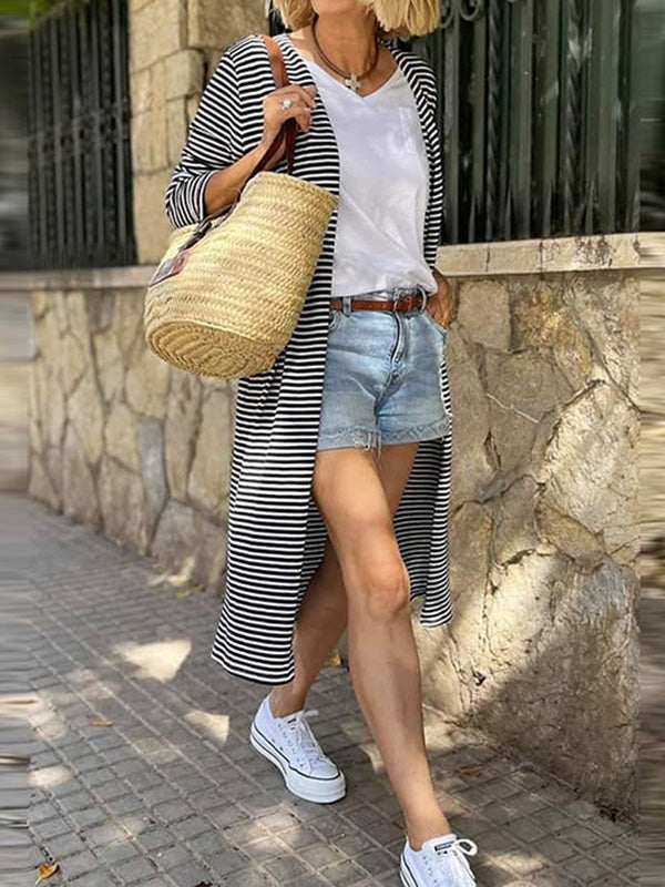 Manteaux cardigan sans col rayés de couleur contrastée à manches longues