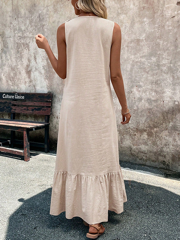 Robe longue ample plissée coupe trapèze, à bordure volantée, à col en V, couleur unie