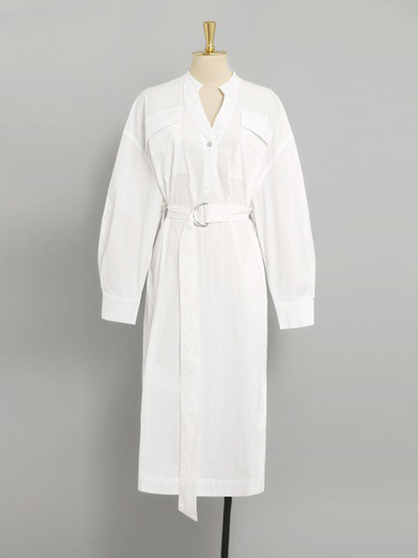 Robe chemise ample transparente fendue sur le côté à manches longues, à empiècements, à taille nouée, à col en V
