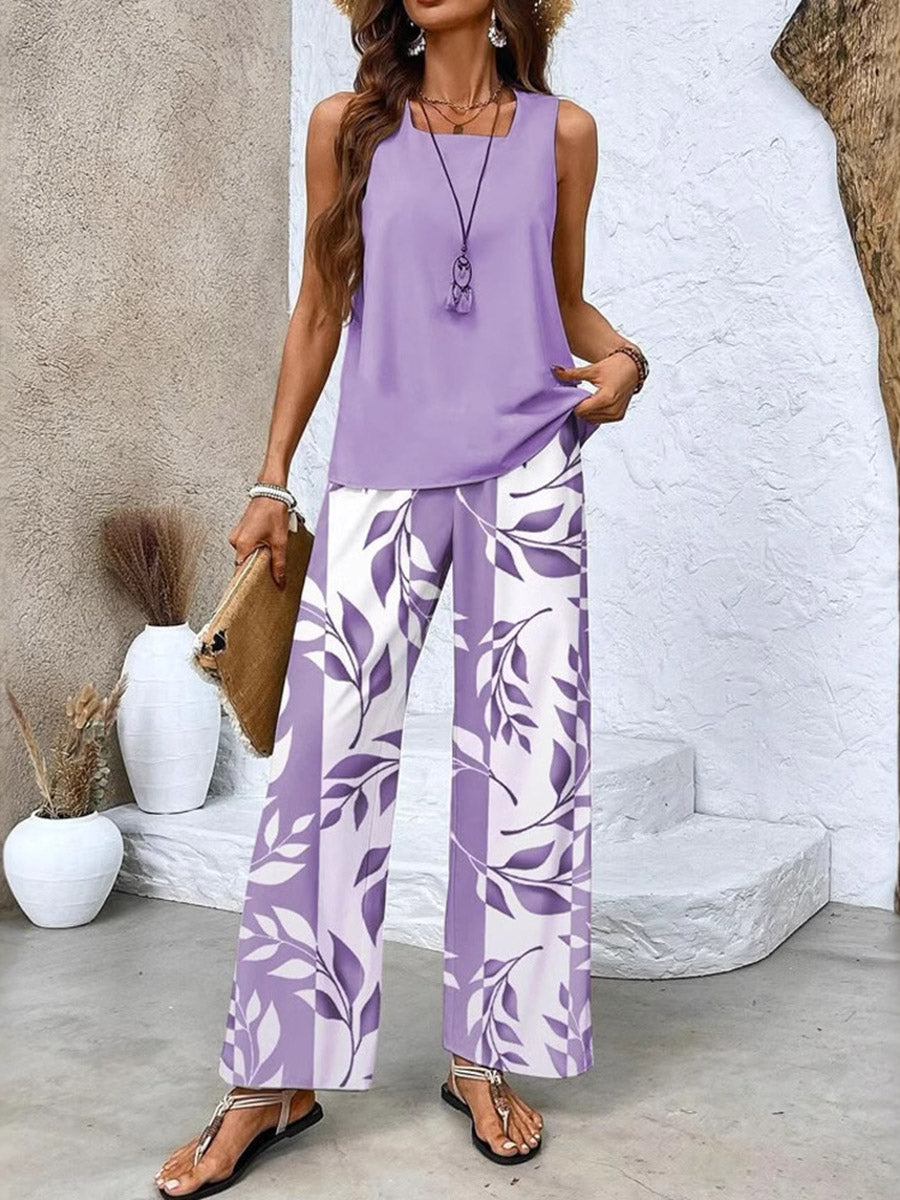 Ensemble deux pièces ample à col carré, à imprimé feuilles, à poches, taille haute, couleur unie, couleur contrastée – débardeur + pantalon