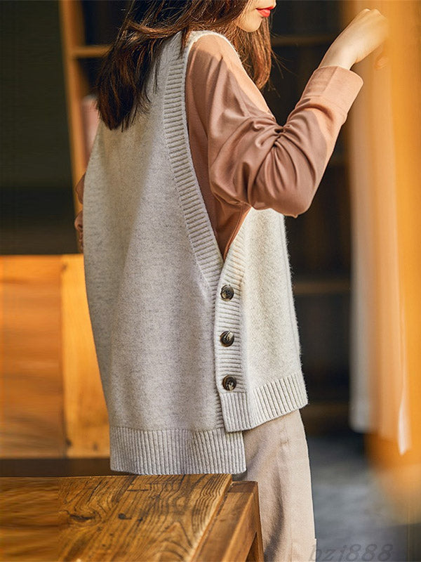 Gilet sans manches décontracté ample à col rond, en tricot, couleur unie