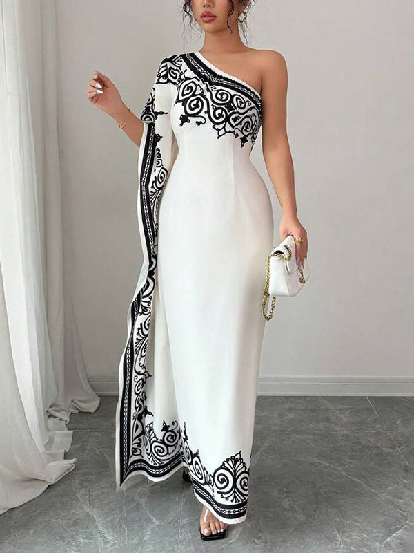 Robe longue ample asymétrique plissée à manches chauve-souris, à taille élastique, à imprimé floral, asymétrique à une épaule