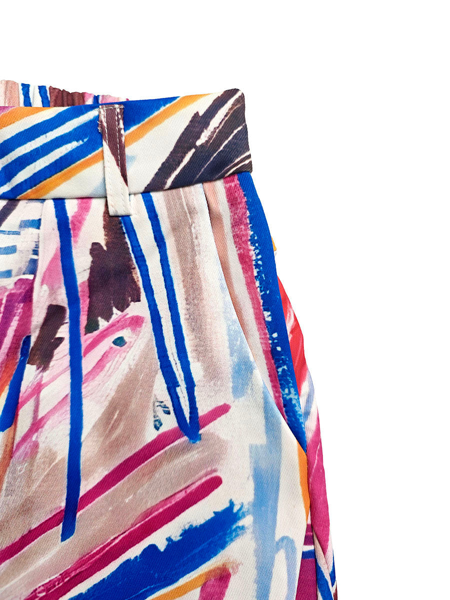 Pantalon imprimé ajouré boutonné à poches, à jambes larges, taille haute