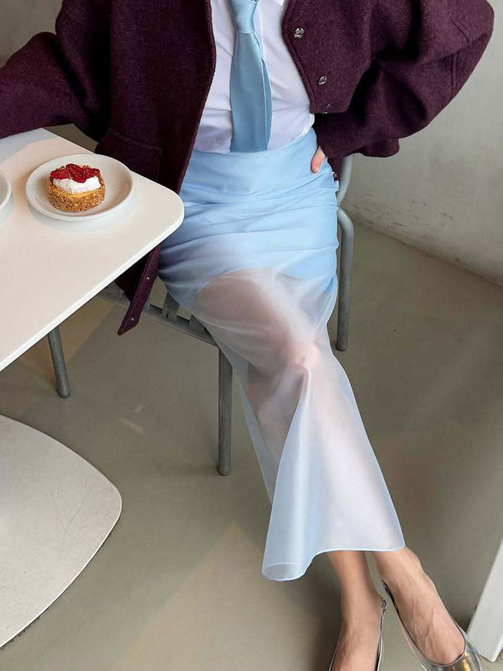 Jupe superposée transparente à taille élastique, taille haute, à empiècements, couleur unie