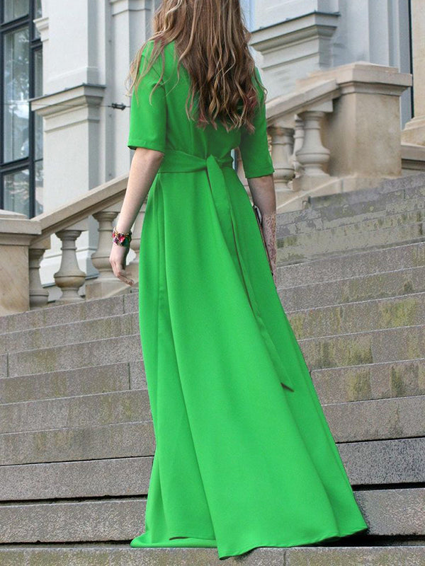 Robe longue à manches mi-longues, taille haute, à taille nouée, à col en V, couleur unie