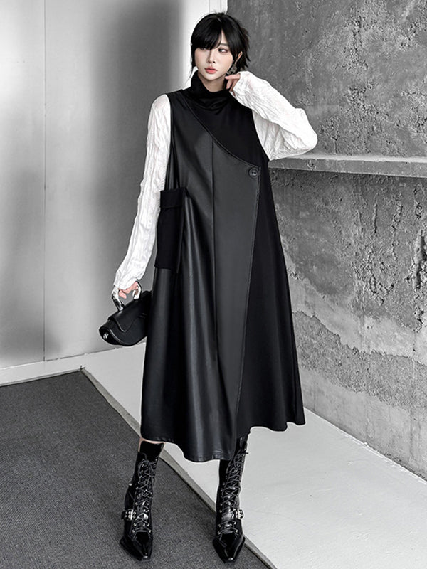 Robe mi-longue ample asymétrique boutonnée à coupe irrégulière, à empiècements, à col haut, couleur unie