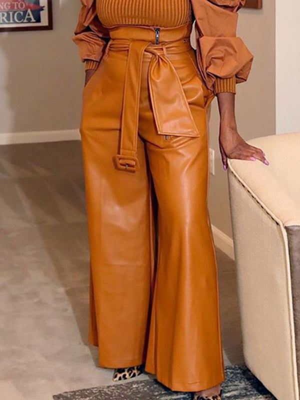 Pantalon taille haute, à jambes larges, avec ceinture, à fermeture éclair, couleur unie