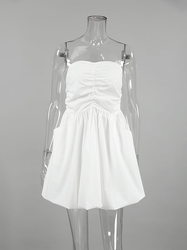 Robe courte plissée coupe trapèze, taille haute, à taille élastique, à poches, bustier, couleur unie