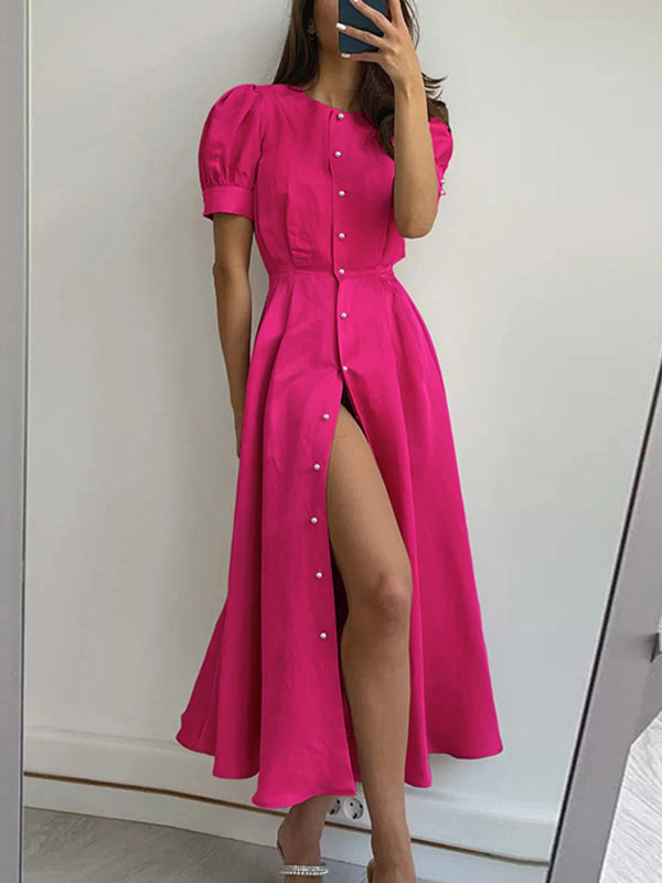 Robe chemise boutonnée à manches bouffantes, à manches courtes, à col rond, couleur unie