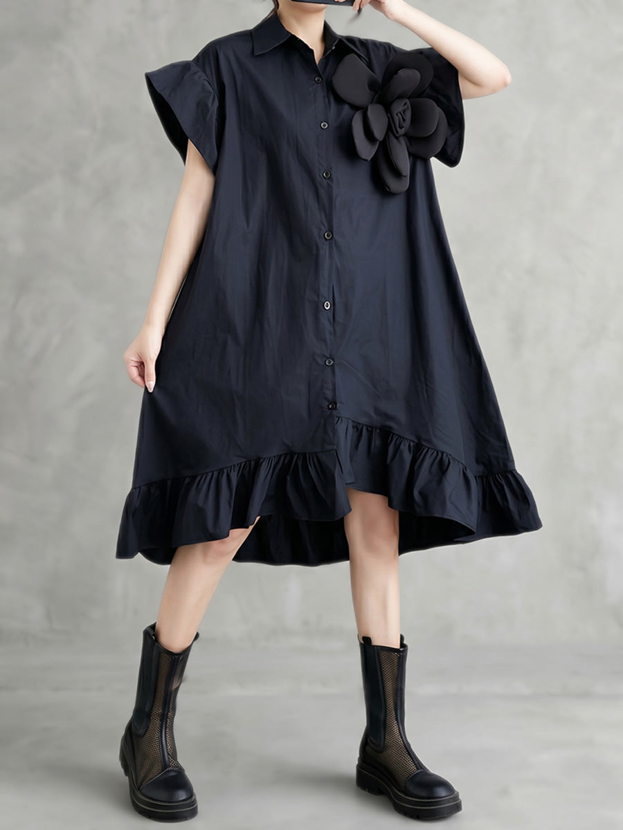 Robe mi-longue ample asymétrique boutonnée volantée à manches courtes, à fleurs en 3D, à col revers, couleur unie