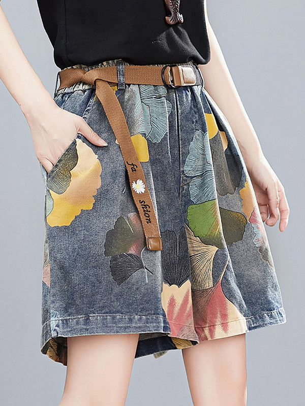 Short à fleurs, à jambes larges, en jean