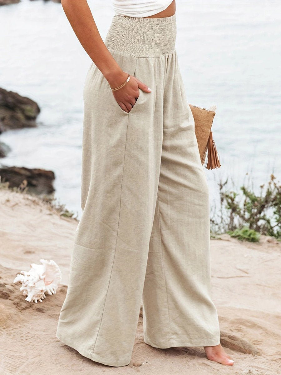 Pantalon plissé à taille élastique, taille haute, à poches, à empiècements, couleur unie