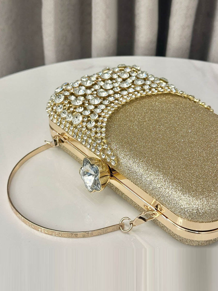 Pochette de soirée géométrique brillante à coupe irrégulière, à chaîne, à cadenas, à strass
