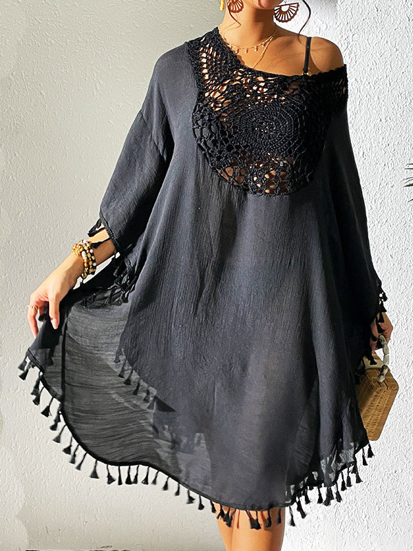 Robe mi-longue ample ajourée à manches chauve-souris, anti-UV, à pompons, à col rond, couleur unie