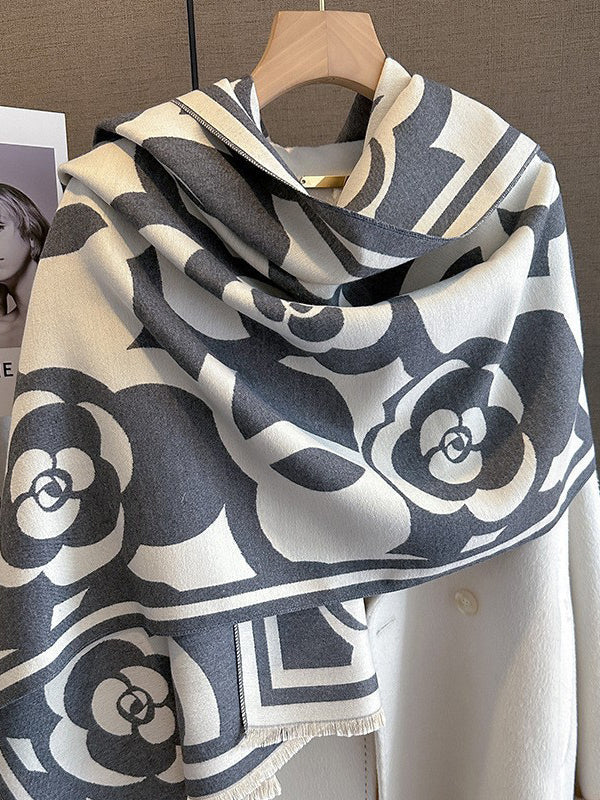 Écharpe chaude à franges, à fleurs en tricot