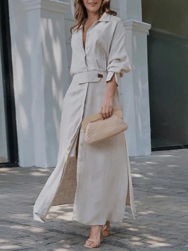 Robe chemise ample fendue sur le côté à manches longues, à empiècements, à col en V
