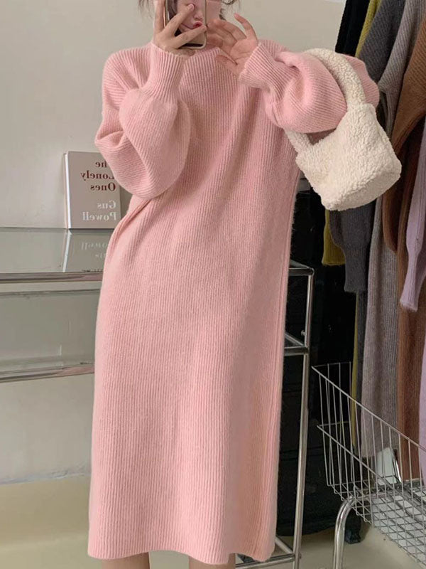 Robe pull ample à manches longues, à col haut, couleur unie