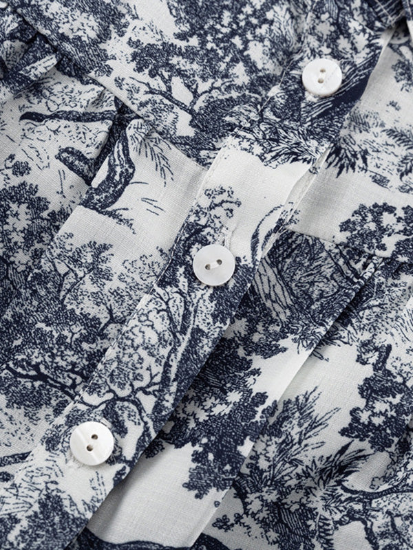 Robe chemise ample plissée imprimée à manches bouffantes, à empiècements, à taille nouée, à col revers