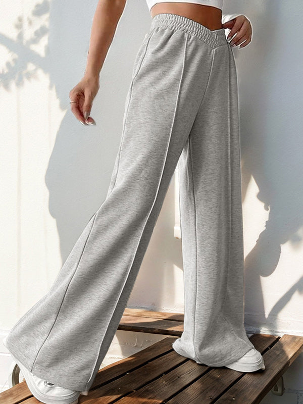 Pantalon ample taille haute, à taille élastique, couleur unie