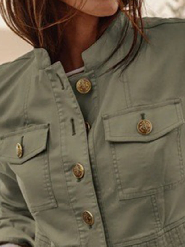 Veste boutonnée plissée à manches longues, à empiècements, à col montant