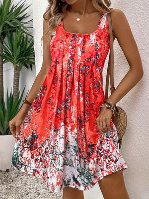 Robe courte plissée coupe trapèze, taille haute, à imprimé floral, à col rond