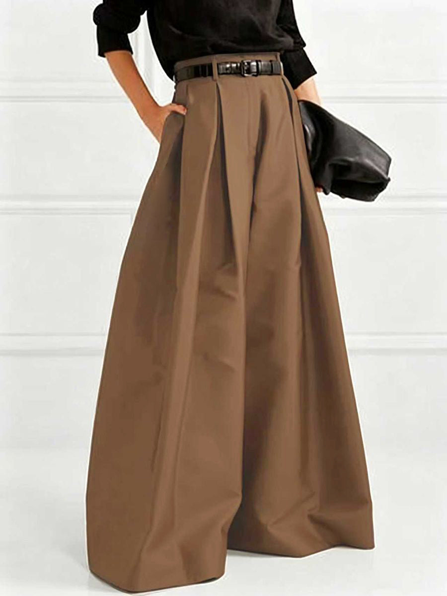 Pantalon élégant ample taille haute, à jambes larges, couleur unie