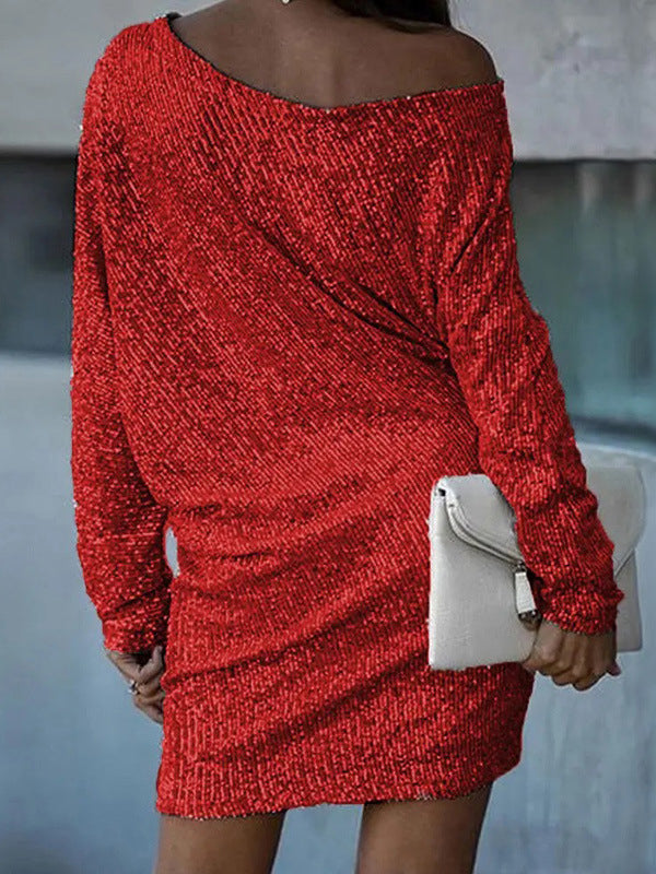 Robe courte ample asymétrique coupe trapèze, à sequins, asymétrique à une épaule, couleur unie