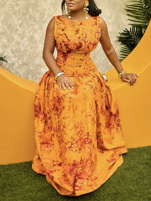 Robe longue moulante plissée sans manches, à fermeture éclair, à col rond