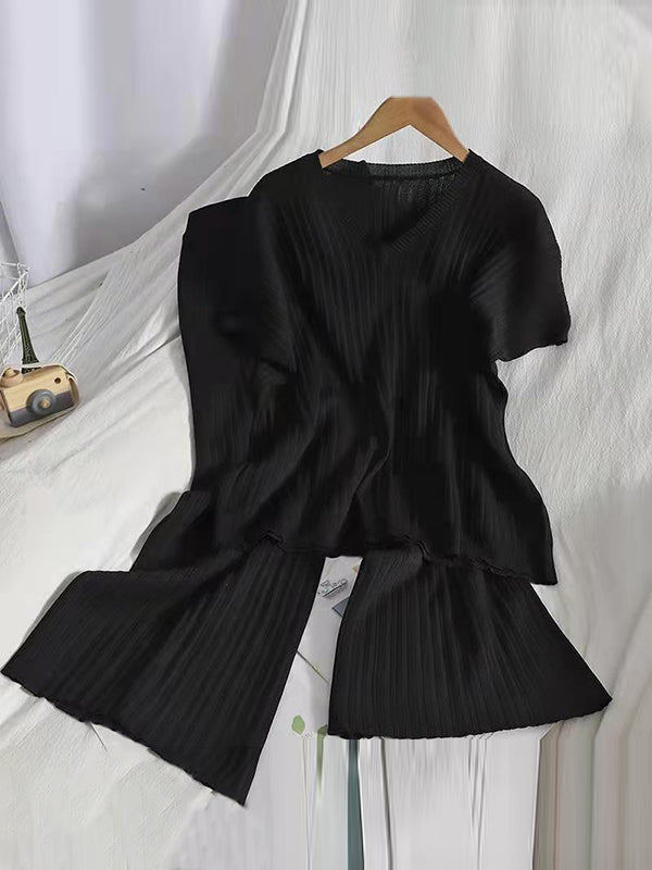 Ensemble deux pièces ample en tricot, à manches raglan, à col en V, couleur unie – pull + haut + pantalon