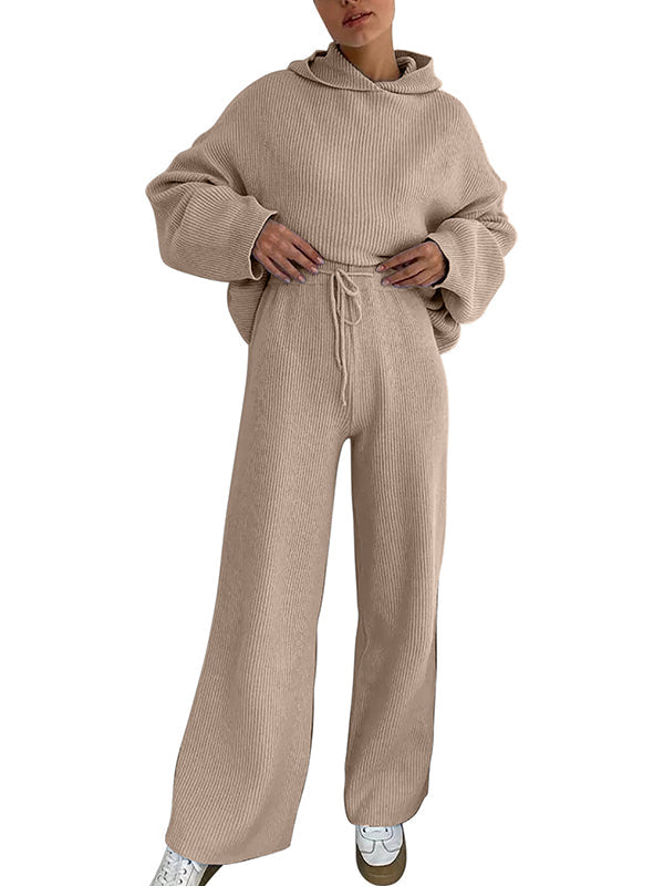 Ensemble deux pièces ample à col rond, à capuche, à manches longues, à cordon de serrage, couleur unie – pull + haut + pantalon