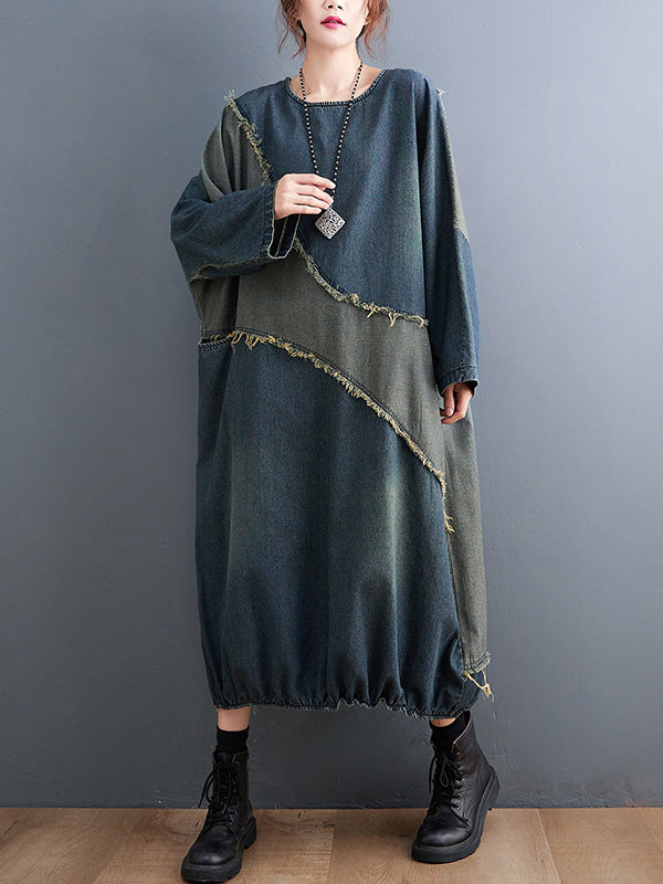 Robe mi-longue ample en jean, à col rond, à manches longues, couleur contrastée