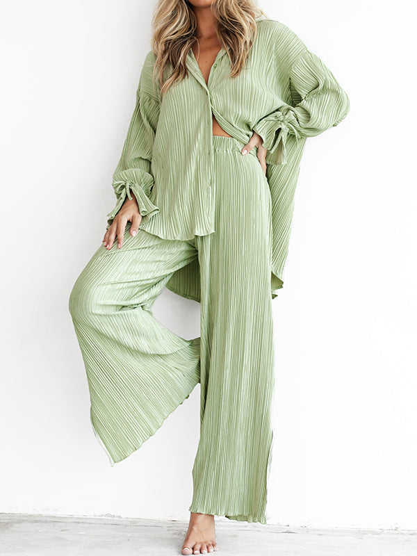 Ensemble pyjama à manches longues, manches évasées, boutonné, cordon de serrage plissé, couleur unie, chemises à revers fendues sur le côté, haut + pantalon, bas