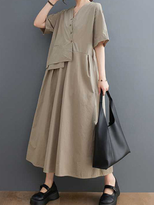 Robe mi-longue ample plissée à manches courtes, à empiècements, à col en V, couleur unie