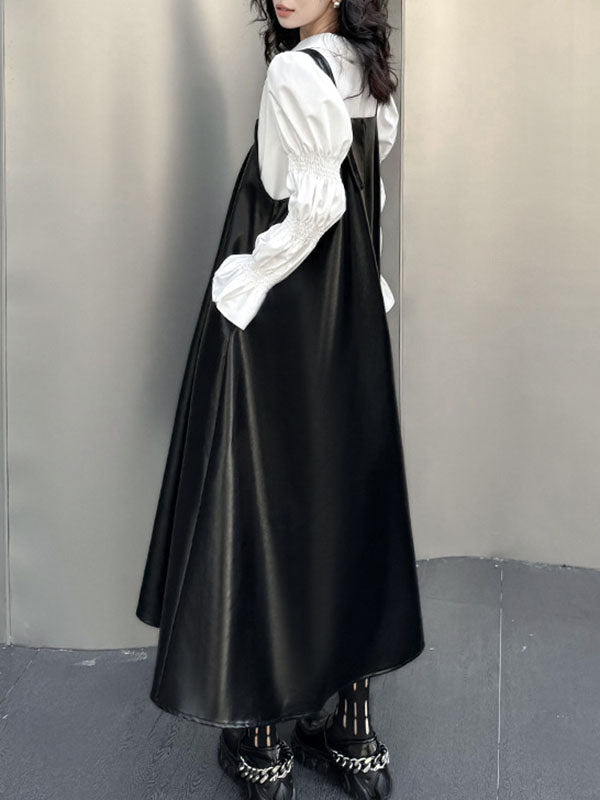 Robe trapèze ample asymétrique plissée, couleur unie, à empiècements, col carré, robe mi-longue