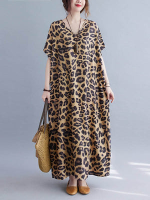 Robe longue ample à imprimé léopard, à col en V, à manches chauve-souris