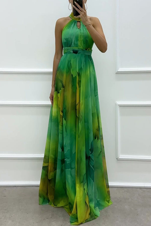 Elaine - Robe maxi en tulle avec imprimé floral, découpes et col halter