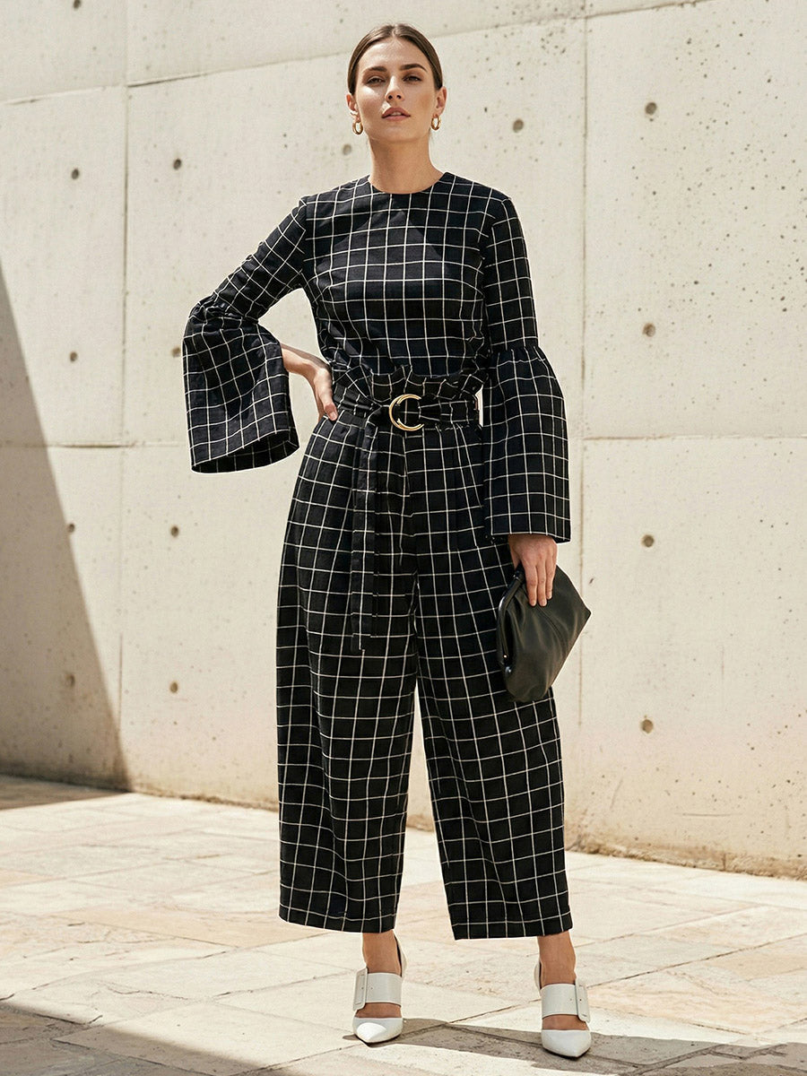 Pantalon à taille élastique, taille haute, avec ceinture, à empiècements, couleur contrastée