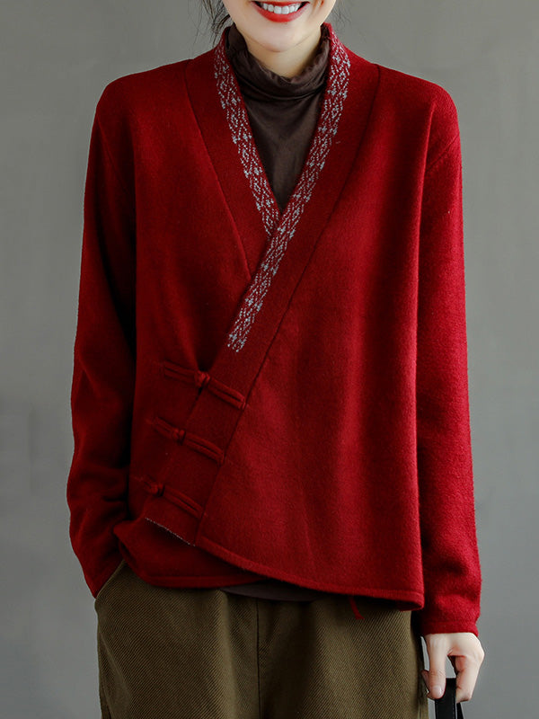 Haut cardigan vintage en laine mélangée brodé de couleur unie