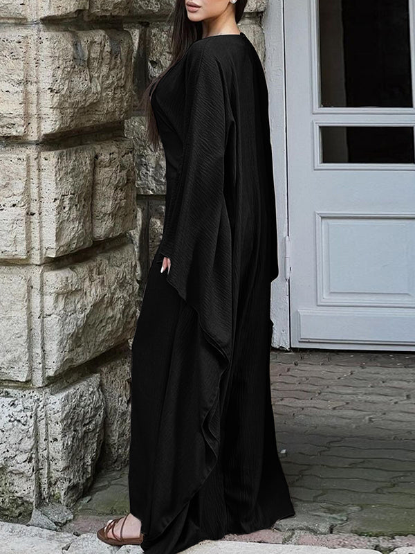Robe longue à manches chauve-souris, à manches longues, à col rond, couleur unie