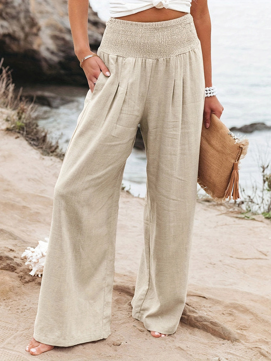 Pantalon plissé à taille élastique, taille haute, à poches, à empiècements, couleur unie